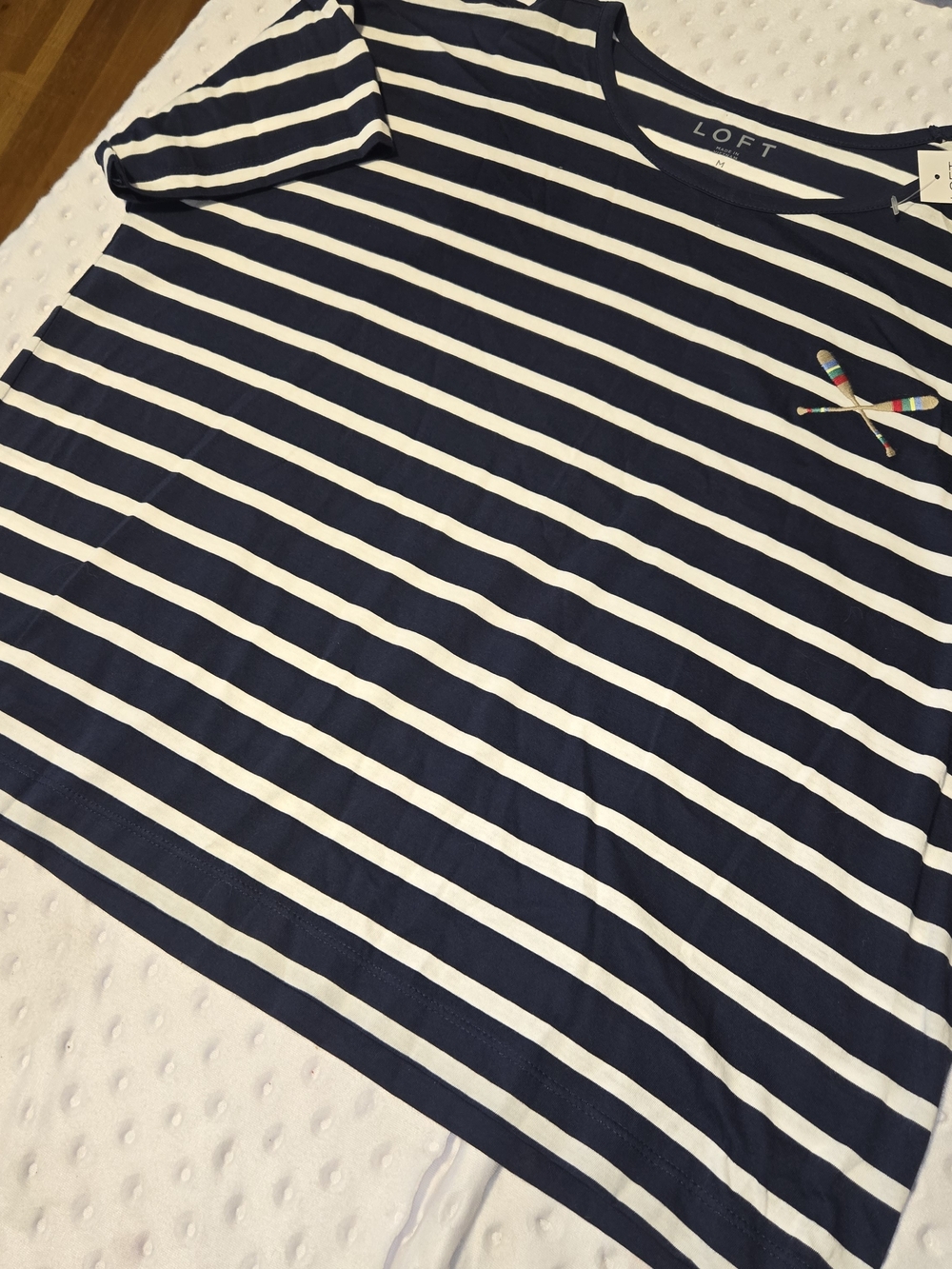 LOFT Blue and White Striped Short Sleeve Boxy Tee with Sporty Stitched Design M